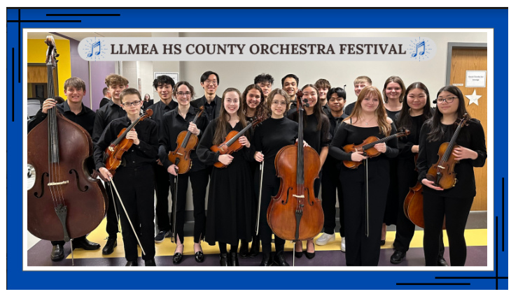 students from Manheim Township High School standing together with their instruments from the Orchestra 